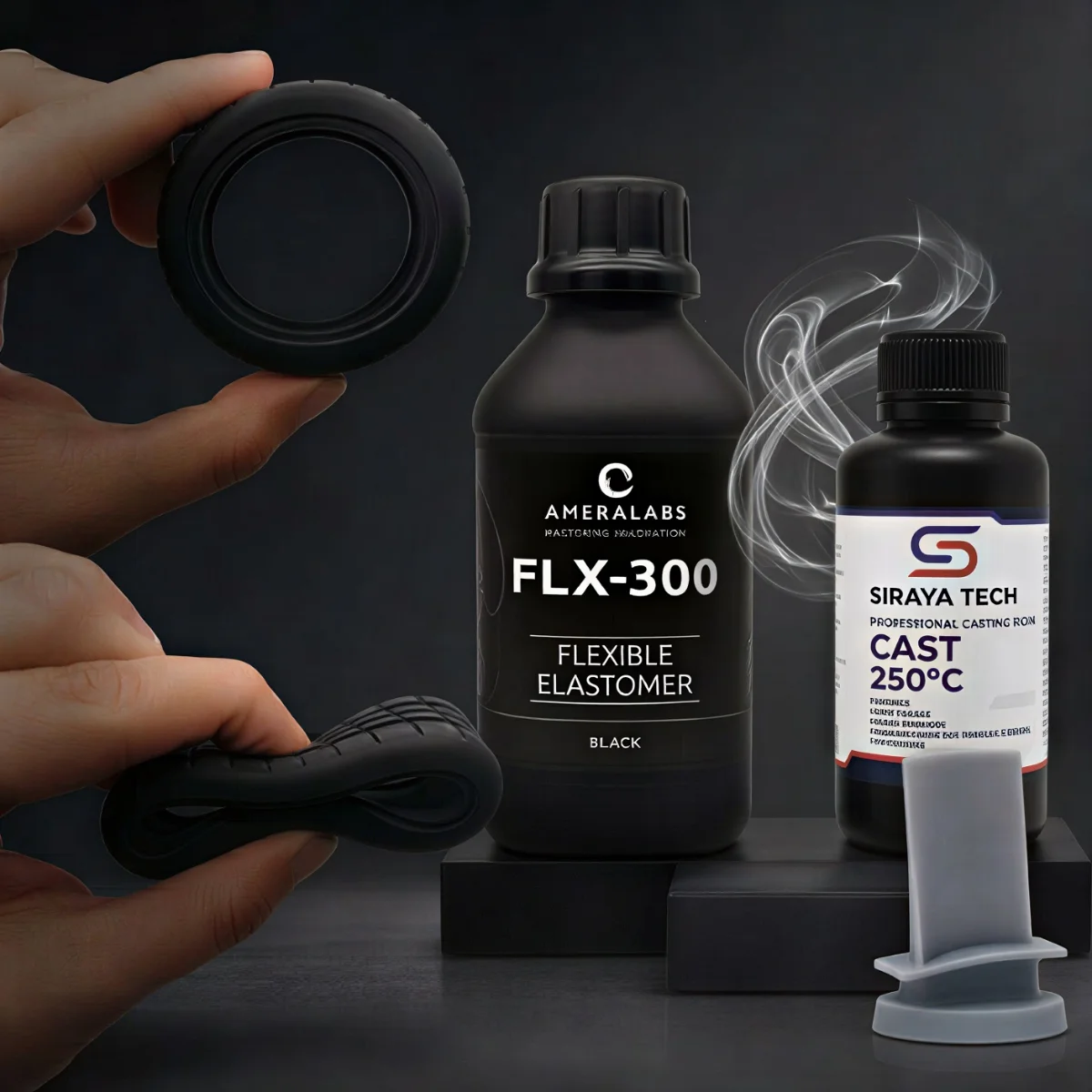 Ameralabs FLX-300 elastomeras ir Siraya Tech CAST liejimo derva su atspausdintais pavyzdžiais